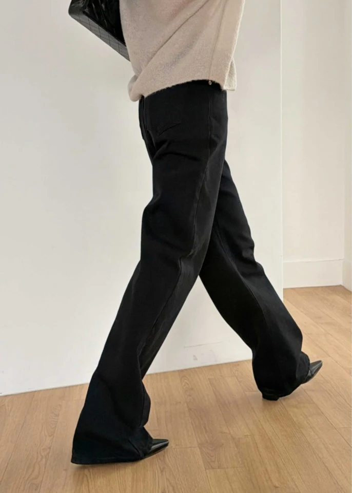 I'm here - Korean Women Fashion - #momslook - Wide No-OB Black Denim Pants - 6
