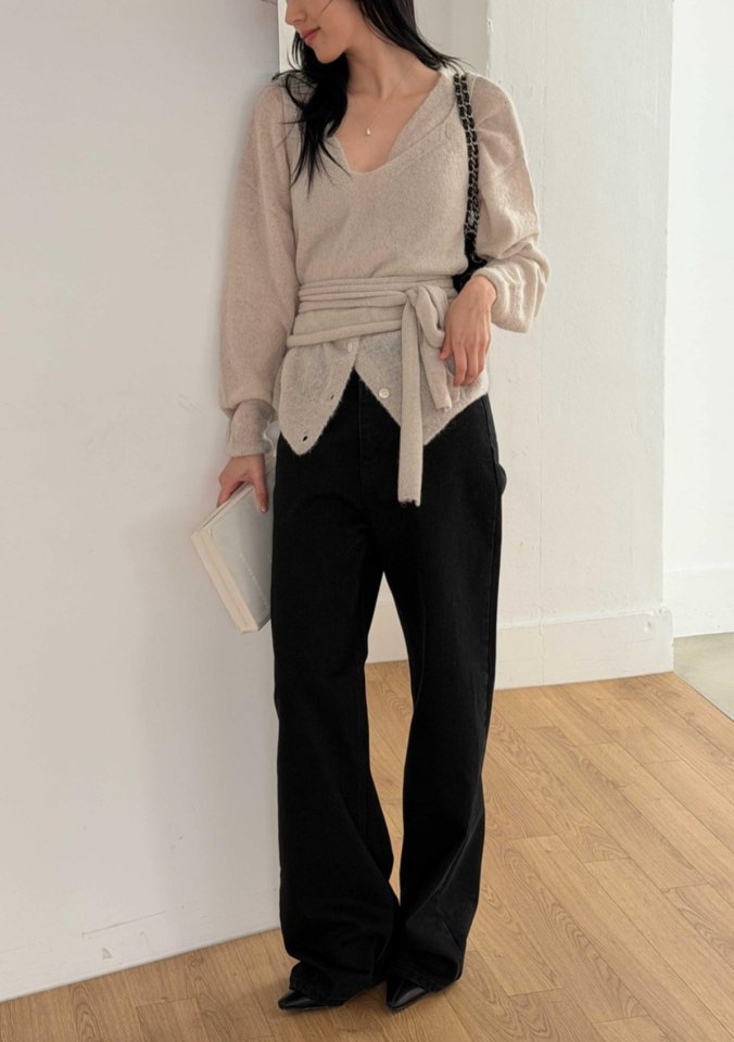 I'm here - Korean Women Fashion - #momslook - Wide No-OB Black Denim Pants - 8
