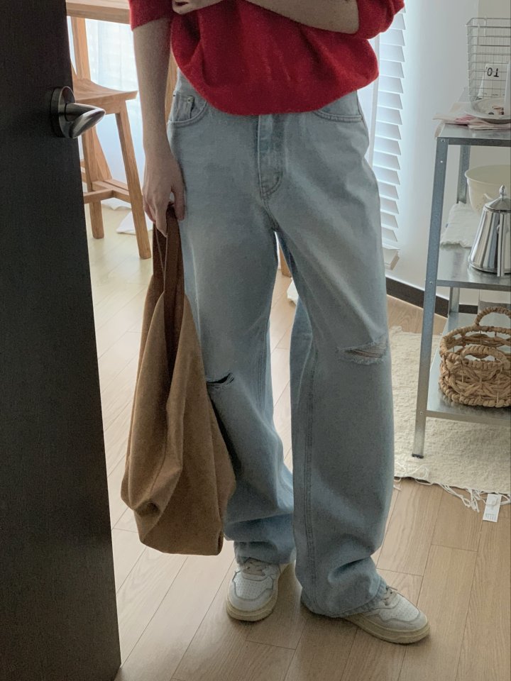 I'm here - Korean Women Fashion - #shopsmall - Vintage Light Blue Wide Denim Pants - 4