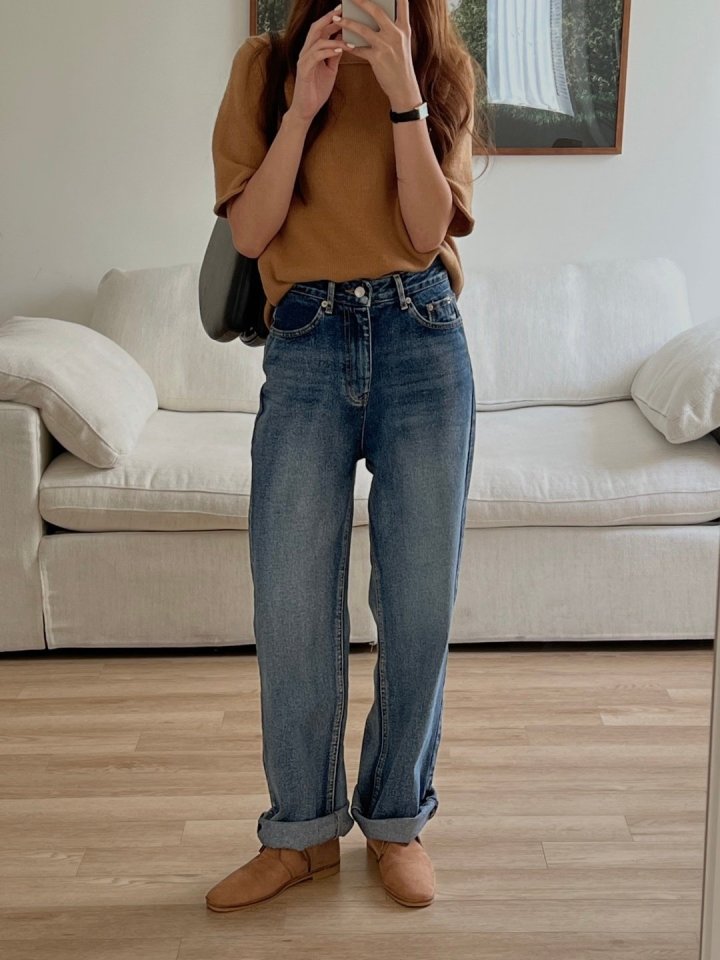 I'm here - Korean Women Fashion - #momslook - All-Brushed Denim Pants - 4