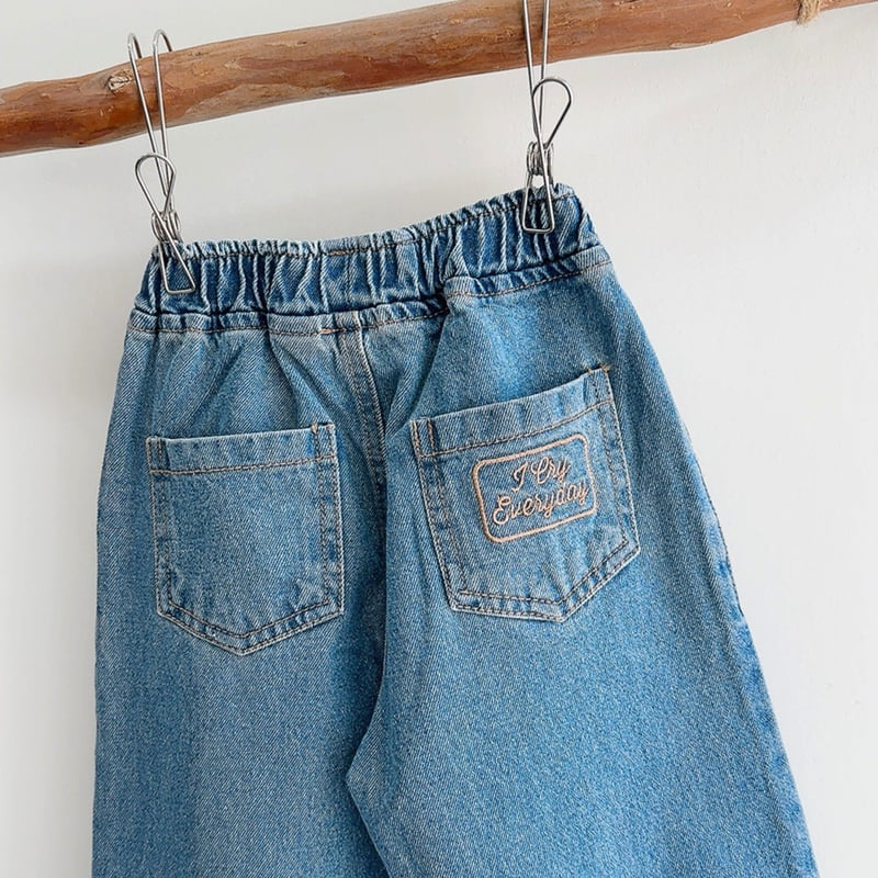 J-Room - Korean Children Fashion - #fashionkids - Smile Embroidered Wide Denim Pants - 7