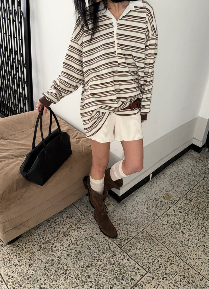 Jade Market - Korean Women Fashion - #momslook - Loose Stripe Collar Tee - 10