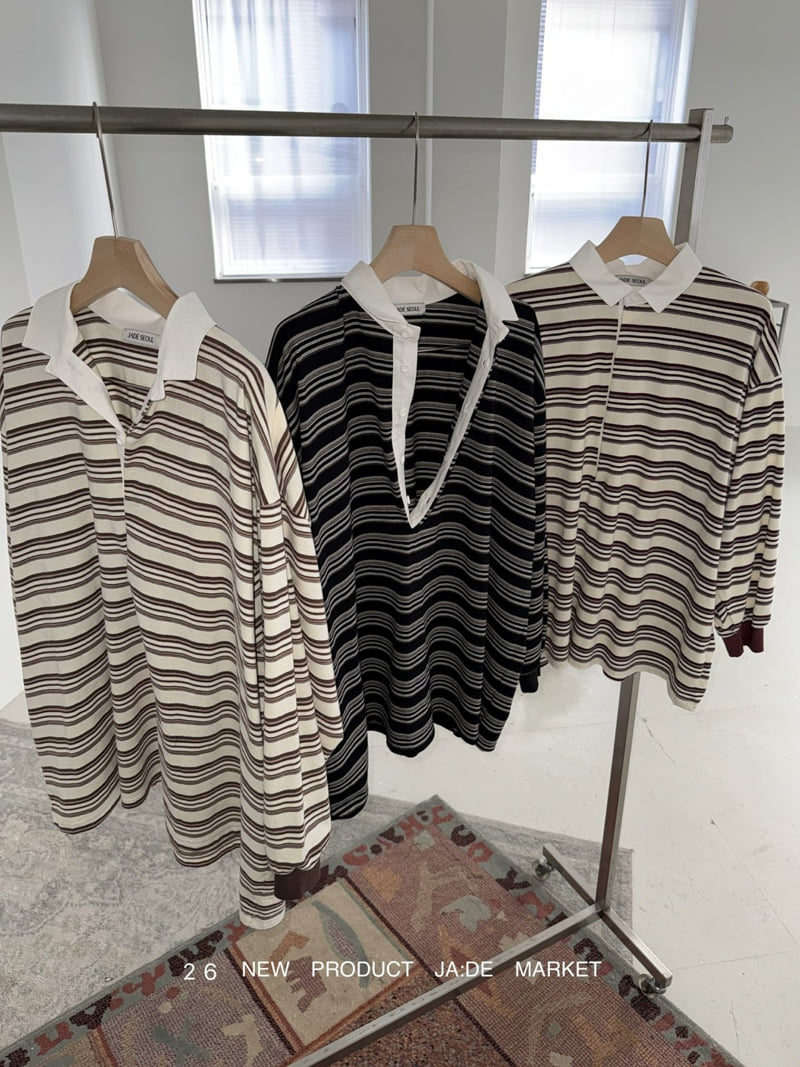 Jade Market - Korean Women Fashion - #momslook - Loose Stripe Collar Tee - 12