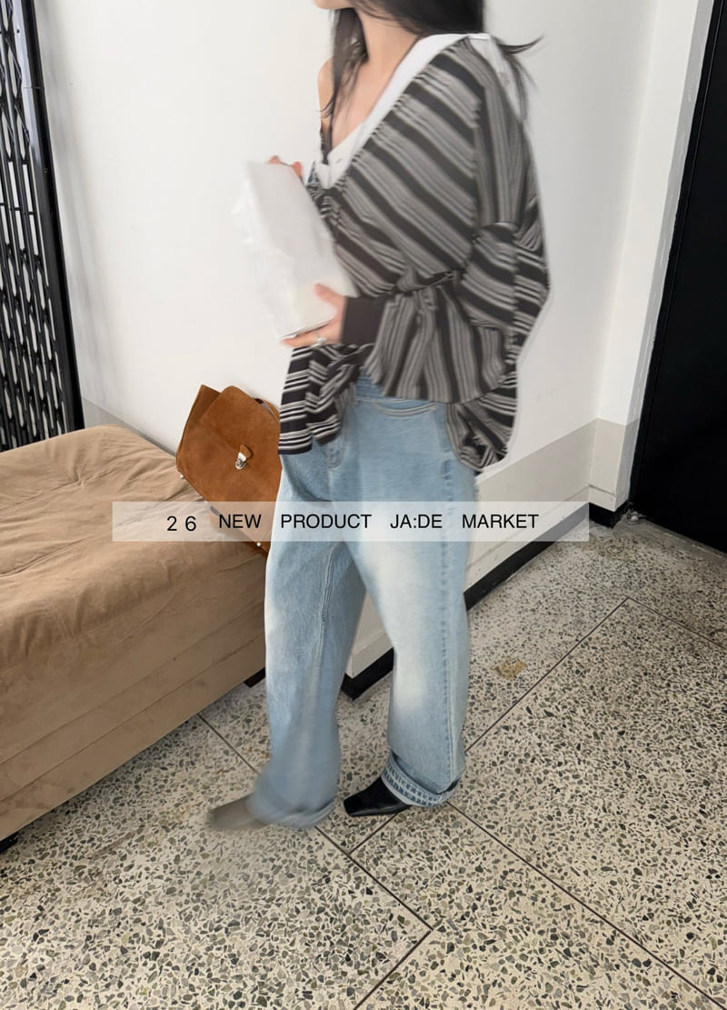 Jade Market - Korean Women Fashion - #momslook - Loose Stripe Collar Tee - 2