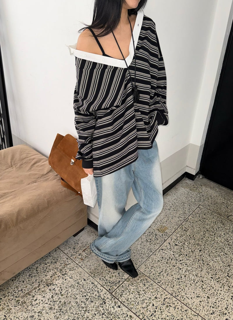 Jade Market - Korean Women Fashion - #womensfashion - Loose Stripe Collar Tee - 4