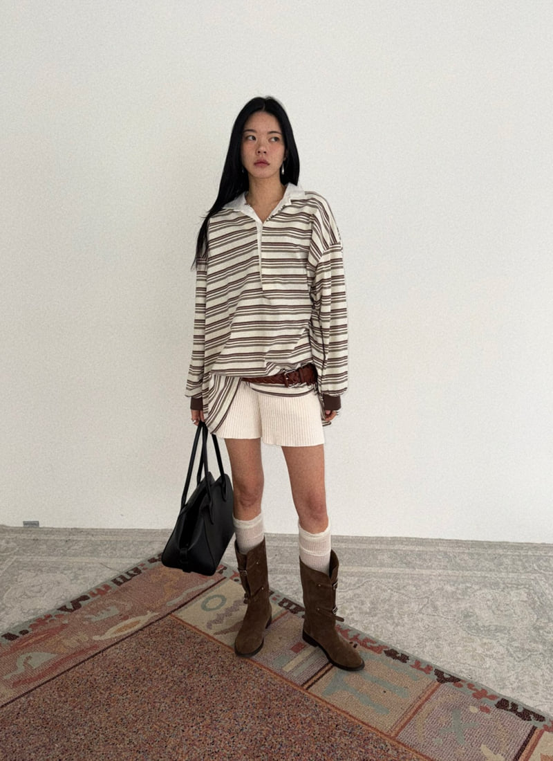 Jade Market - Korean Women Fashion - #momslook - Loose Stripe Collar Tee - 8