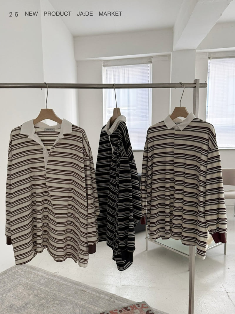 Jade Market - Korean Women Fashion - #womensfashion - Loose Stripe Collar Tee - 11