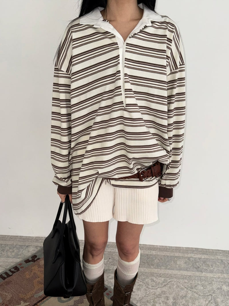 Jade Market - Korean Women Fashion - #womensfashion - Loose Stripe Collar Tee - 9