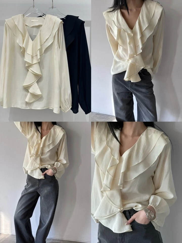 Neroli36 - Korean Women Fashion - #momslook - Frill V-Neck Blouse - 4