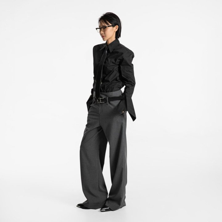 Paper Moon - Korean Women Fashion - #momslook - Low Belted Detail Pin Striped Wide Pants - 4