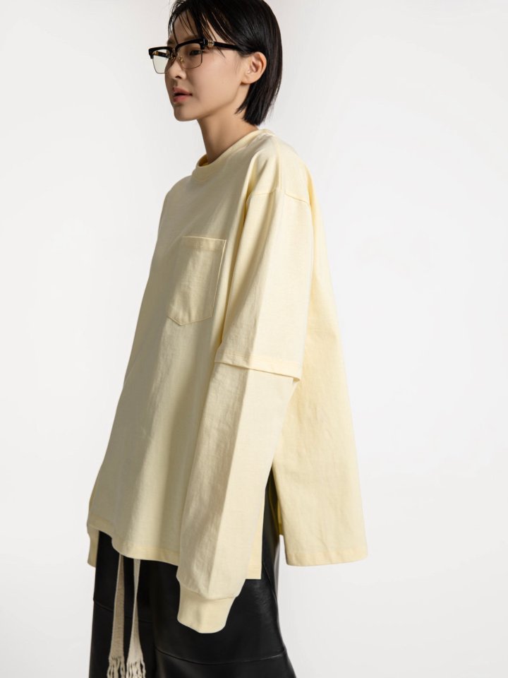 Paper Moon - Korean Women Fashion - #momslook - Layered Sleeve Side Slit Tee - 2