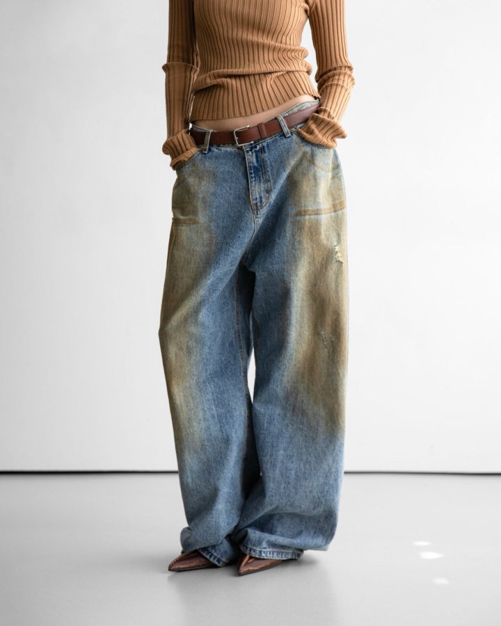 Paper Moon - Korean Women Fashion - #momslook - Dusty Mud Washed Wide Denim Trousers