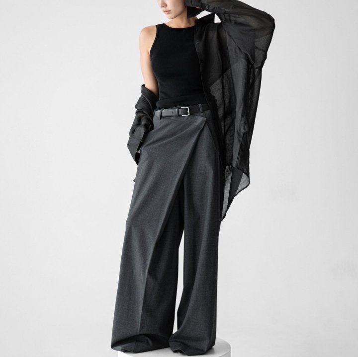 Paper Moon - Korean Women Fashion - #momslook - Asymmetry Pin Tuck Wide Maxi Trousers - 2
