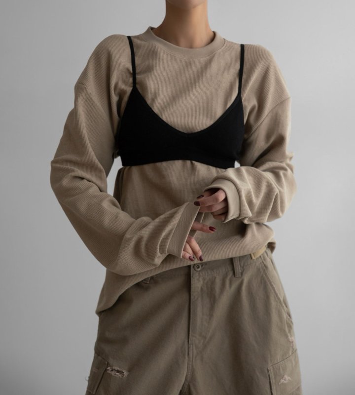 Paper Moon - Korean Women Fashion - #momslook - Waffle Fabric Oversized Long Sleeved T-Shirt