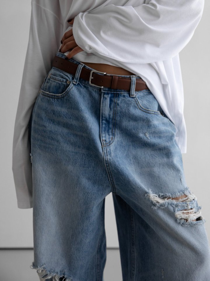 Paper Moon - Korean Women Fashion - #momslook - Vintage Destroyed Wide Denim - 3