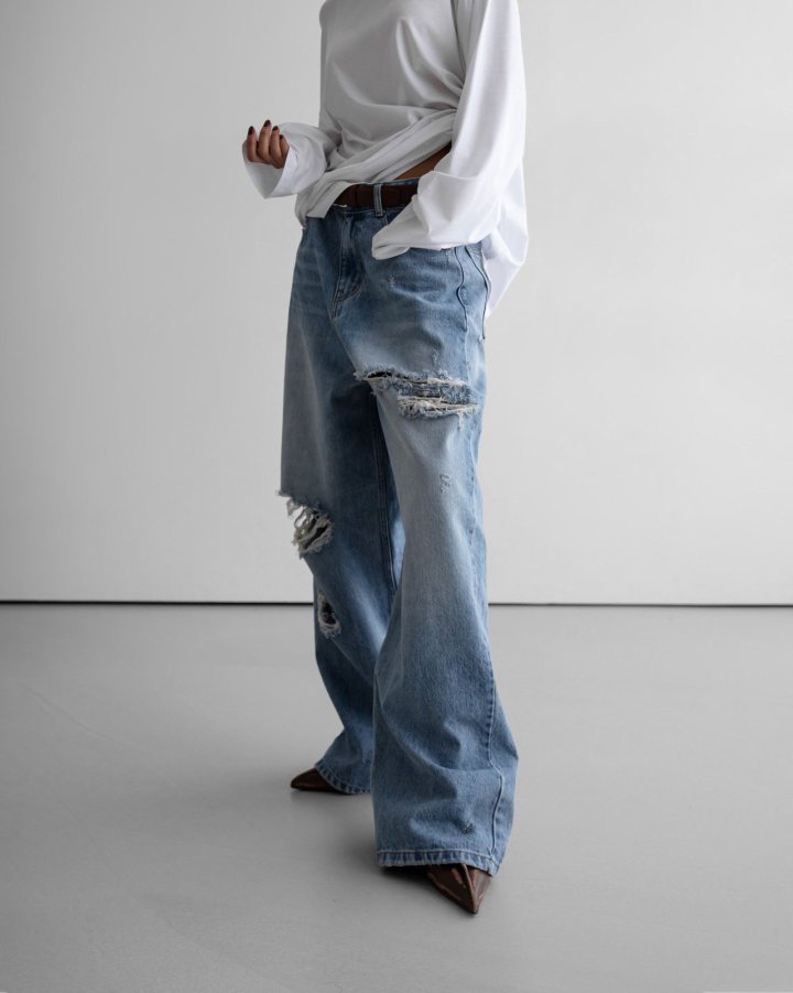 Paper Moon - Korean Women Fashion - #momslook - Vintage Destroyed Wide Denim - 6