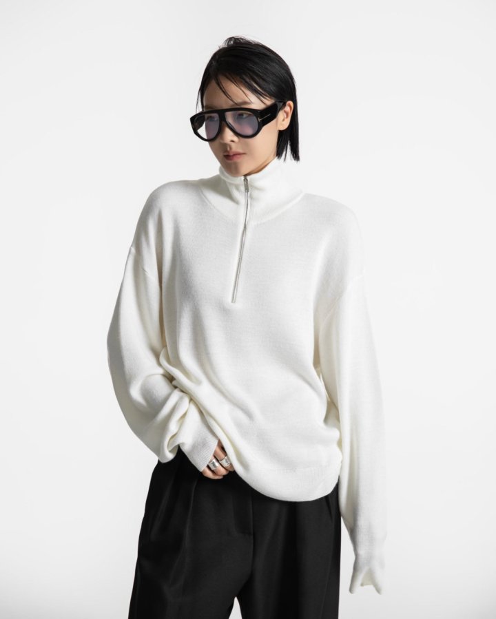 Paper Moon - Korean Women Fashion - #restrostyle - Classic Half-Zip Knit Sweater - 5