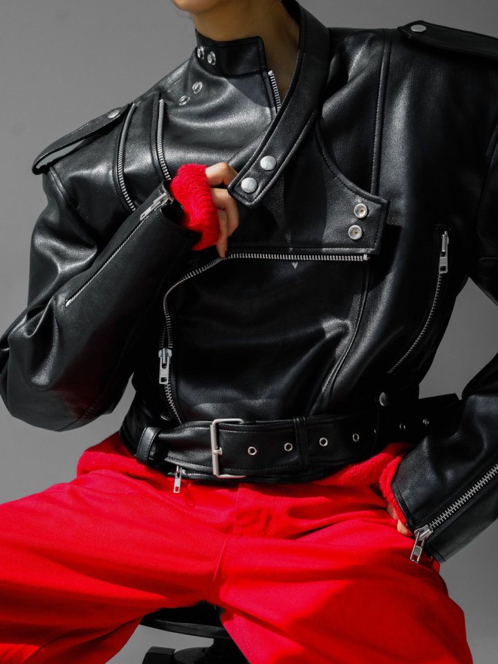 Paper Moon - Korean Women Fashion - #romanticstyle - Double Zipped Detail Vegan Buckle Belted Biker Jacket - 3