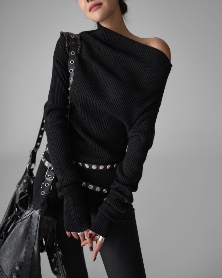 Paper Moon - Korean Women Fashion - #womensfashion - Asymmetric Line Ribbed Knit Top - 4