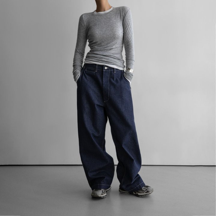 Paper Moon - Korean Women Fashion - #vintageinspired - Stitched Detail Wide Baggy Denim Pants - 2