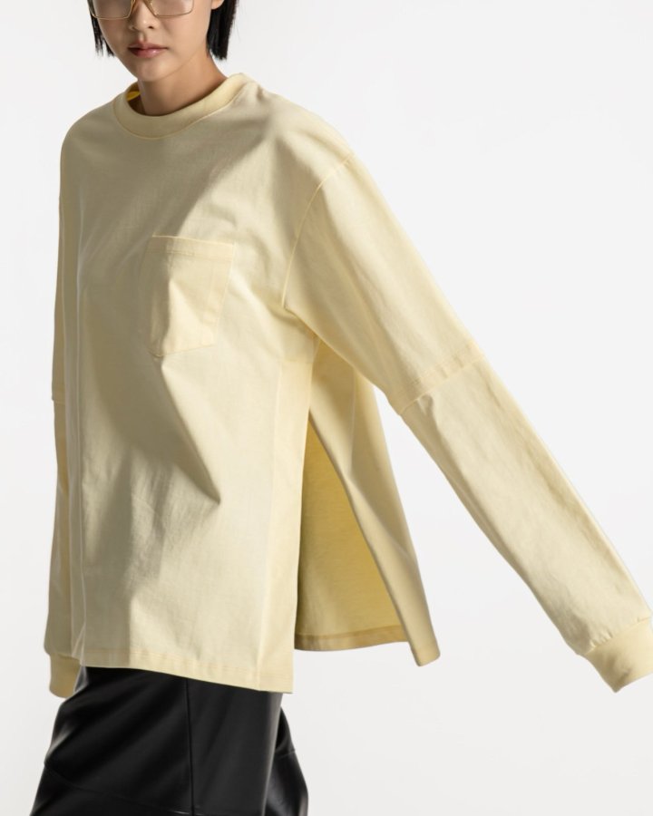 Paper Moon - Korean Women Fashion - #vintagekidsstyle - Layered Sleeve Side Slit Tee - 5