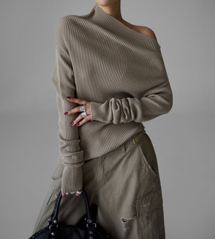 Paper Moon - Korean Women Fashion - #womensfashion - Asymmetric Line Ribbed Knit Top