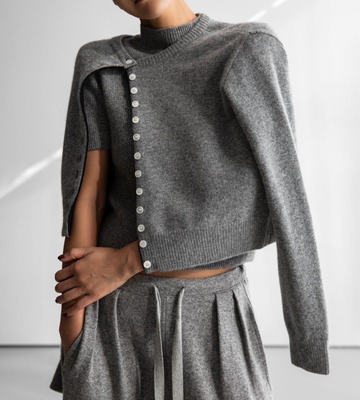 Paper Moon - Korean Women Fashion - #womensfashion - Color Bi - Stitched Button Detail Cashmere Wool Cropped Cardigan - 2