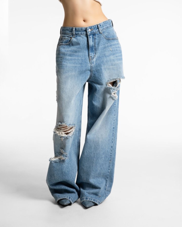 Paper Moon - Korean Women Fashion - #womensfashion - Vintage Destroyed Wide Denim - 6