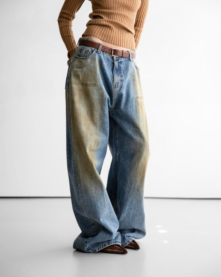 Paper Moon - Korean Women Fashion - #momslook - Dusty Mud Washed Wide Denim Trousers - 4