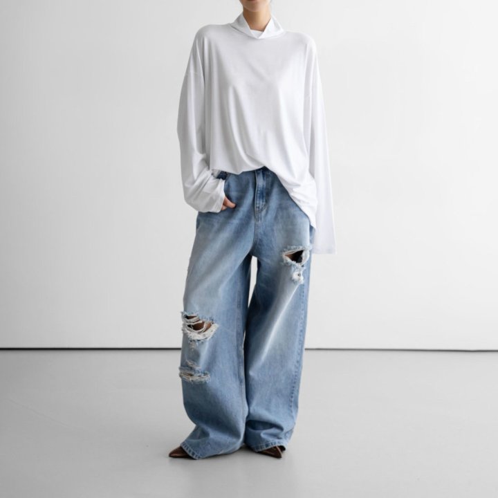 Paper Moon - Korean Women Fashion - #womensfashion - Vintage Destroyed Wide Denim - 2