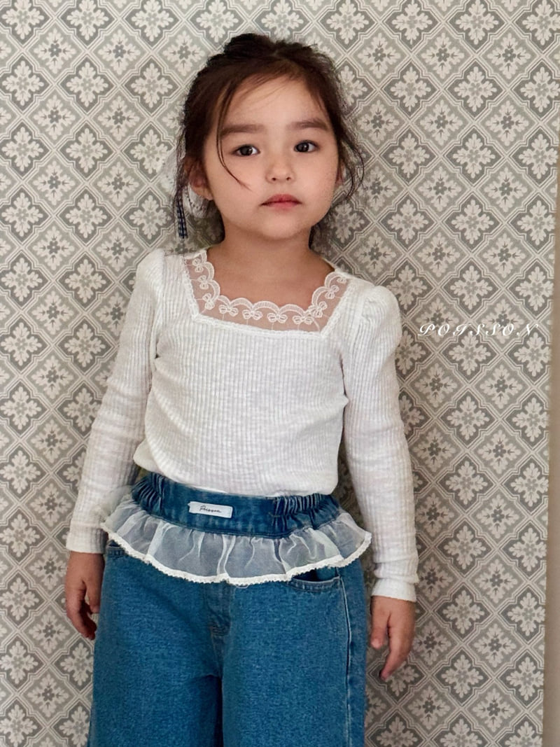 Poisson - Korean Children Fashion - #discoveringself - Chouchou Lace Denim Pants - 4
