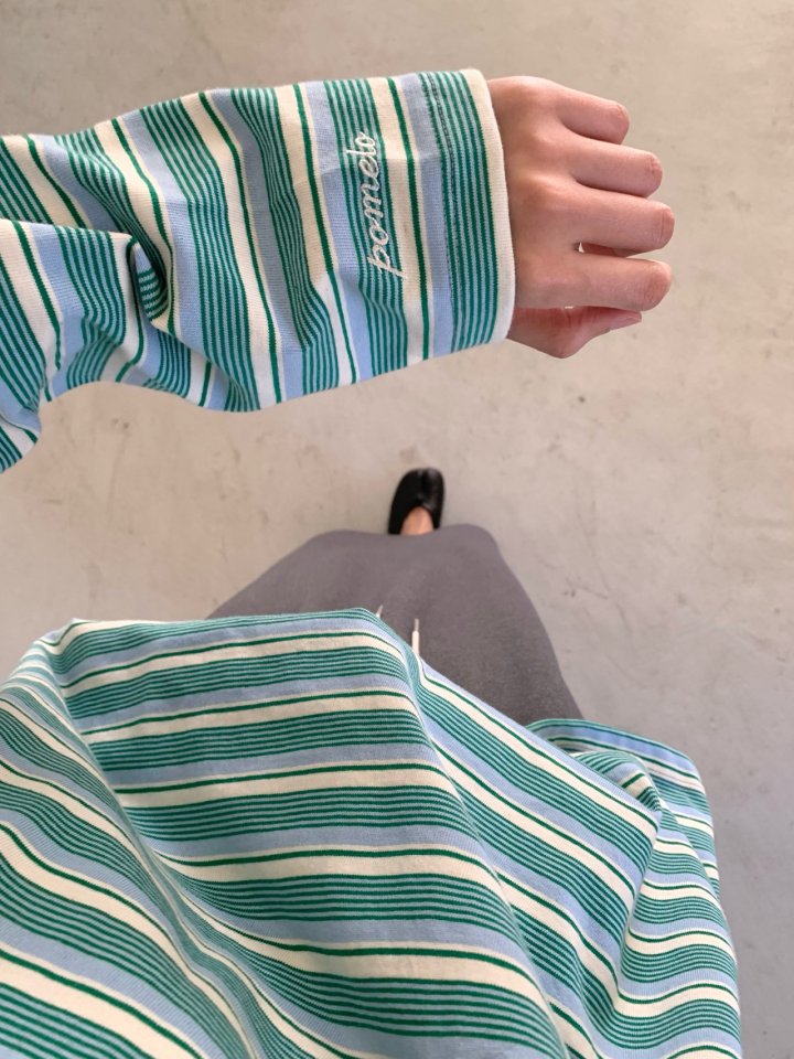 Pomelo - Korean Women Fashion - #momslook - Peanut Stripe Sleeve Embroidery Tee