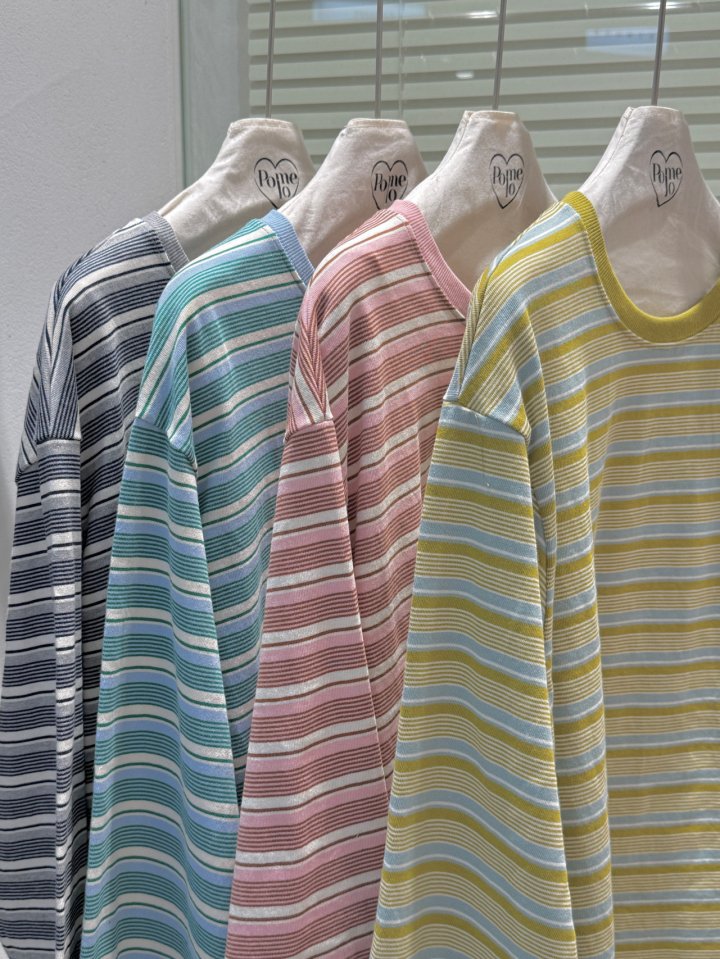 Pomelo - Korean Women Fashion - #restrostyle - Peanut Stripe Sleeve Embroidery Tee - 10