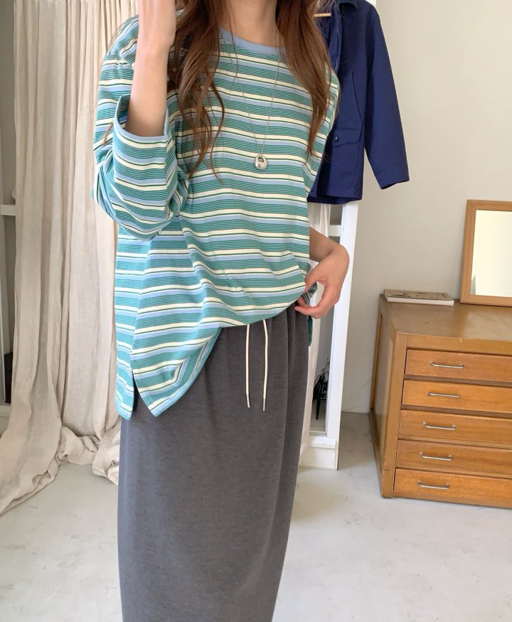 Pomelo - Korean Women Fashion - #vintagekidsstyle - Peanut Stripe Sleeve Embroidery Tee - 8