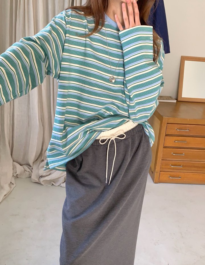 Pomelo - Korean Women Fashion - #womensfashion - Peanut Stripe Sleeve Embroidery Tee - 6