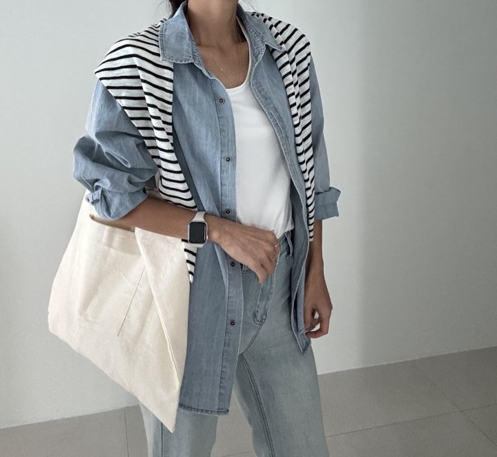 Ripple - Korean Women Fashion - #momslook - Denim Shirt Cape Shawl Set - 6