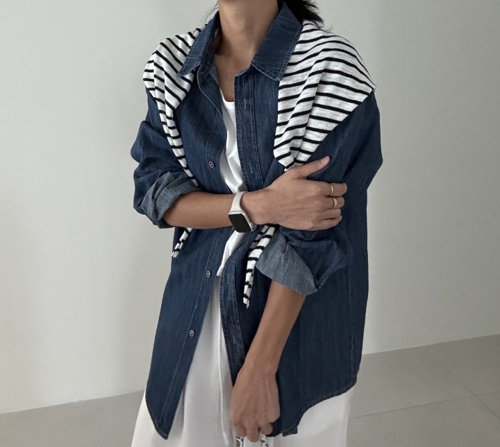 Ripple - Korean Women Fashion - #womensfashion - Denim Shirt Cape Shawl Set