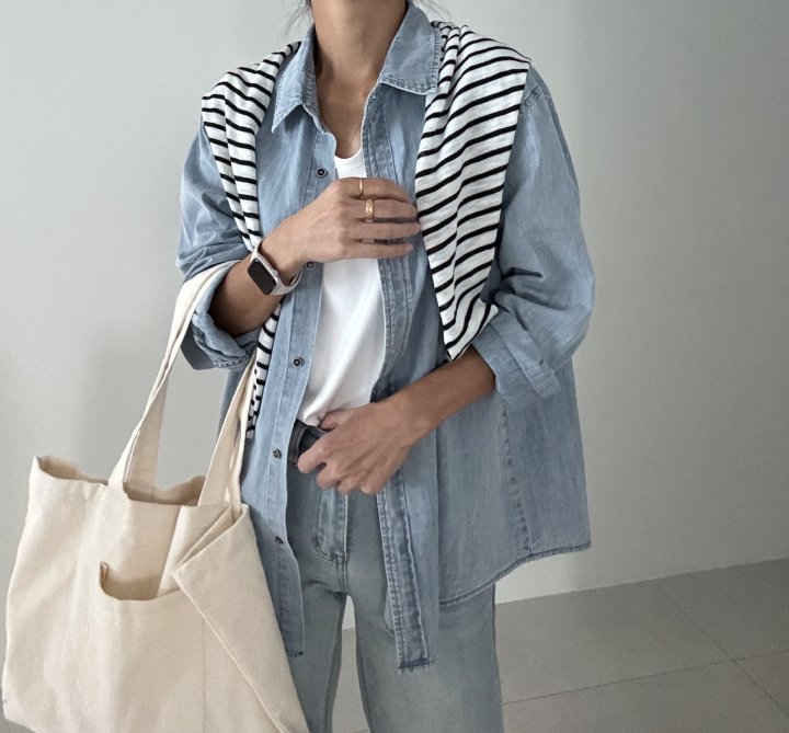 Ripple - Korean Women Fashion - #womensfashion - Denim Shirt Cape Shawl Set - 5