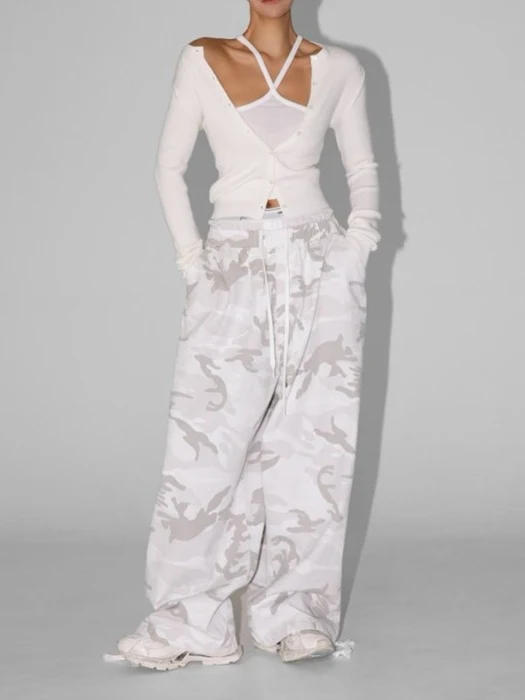 Camouflage Cotton Banded Maxi Wide Trousers