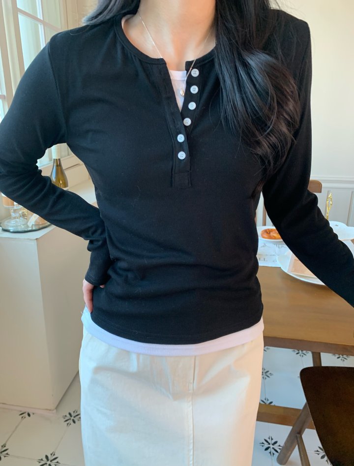 Allu - Korean Women Fashion - #momslook - Layered Button Tee - 11