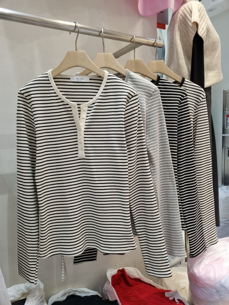 Allu - Korean Women Fashion - #momslook - Ribbed Stripe Button Tee