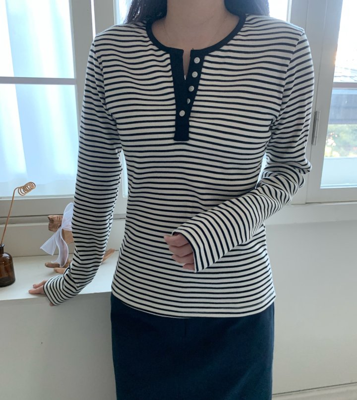 Allu - Korean Women Fashion - #momslook - Ribbed Stripe Button Tee - 7