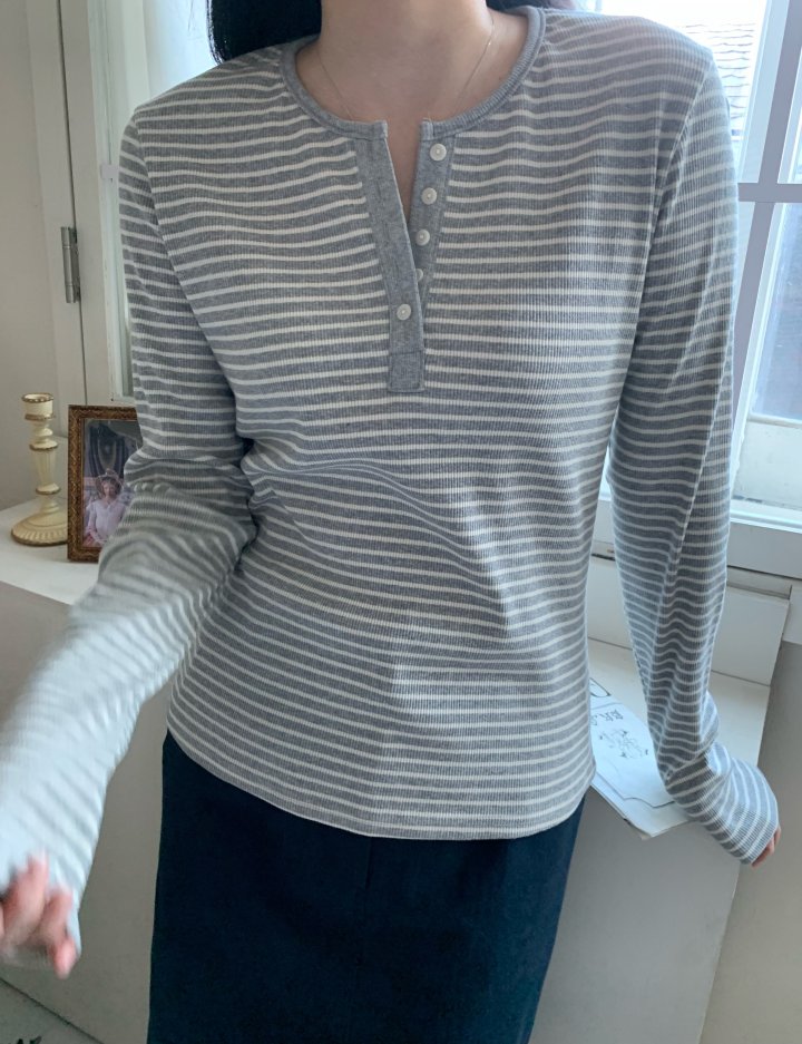 Allu - Korean Women Fashion - #momslook - Ribbed Stripe Button Tee - 8