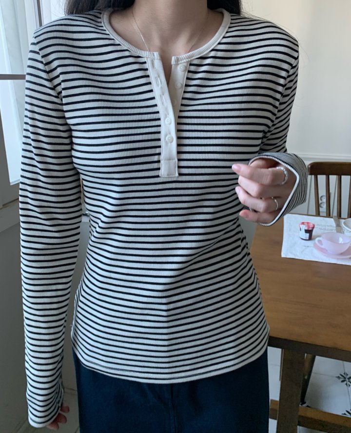Allu - Korean Women Fashion - #momslook - Ribbed Stripe Button Tee - 9