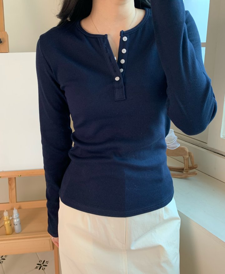 Allu - Korean Women Fashion - #momslook - Ribbed Button Tee