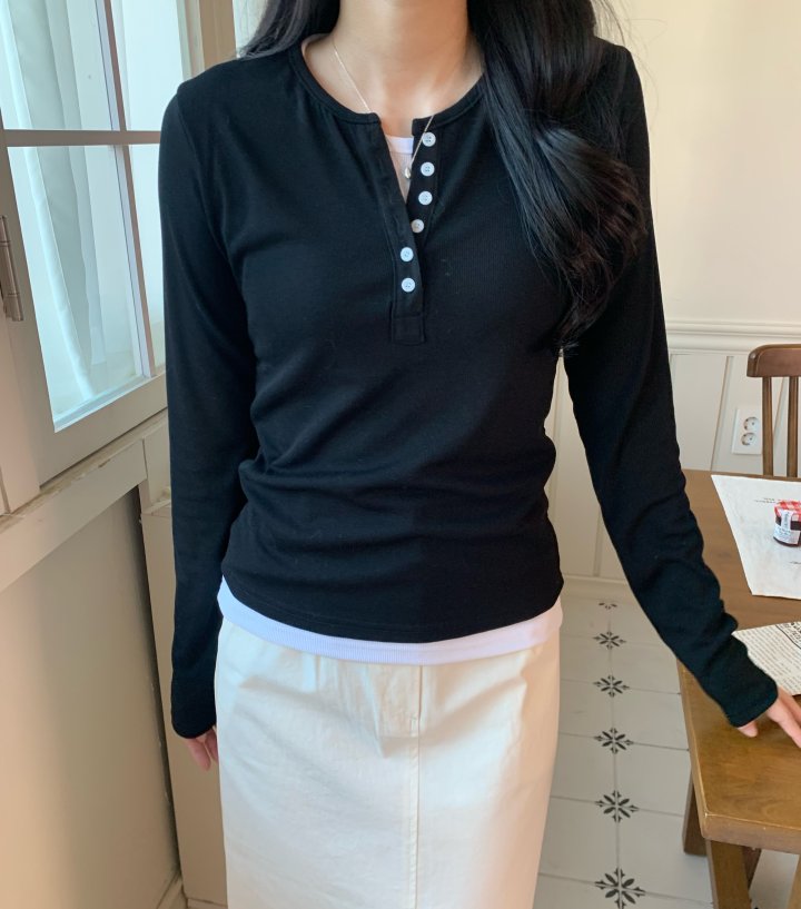 Allu - Korean Women Fashion - #womensfashion - Layered Button Tee - 8