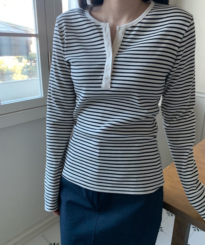 Allu - Korean Women Fashion - #womensfashion - Ribbed Stripe Button Tee - 10
