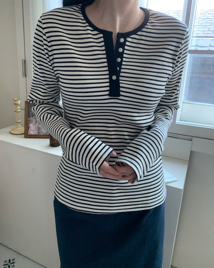 Allu - Korean Women Fashion - #womensfashion - Ribbed Stripe Button Tee - 2