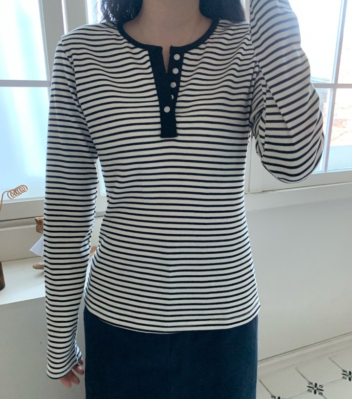 Allu - Korean Women Fashion - #womensfashion - Ribbed Stripe Button Tee - 6