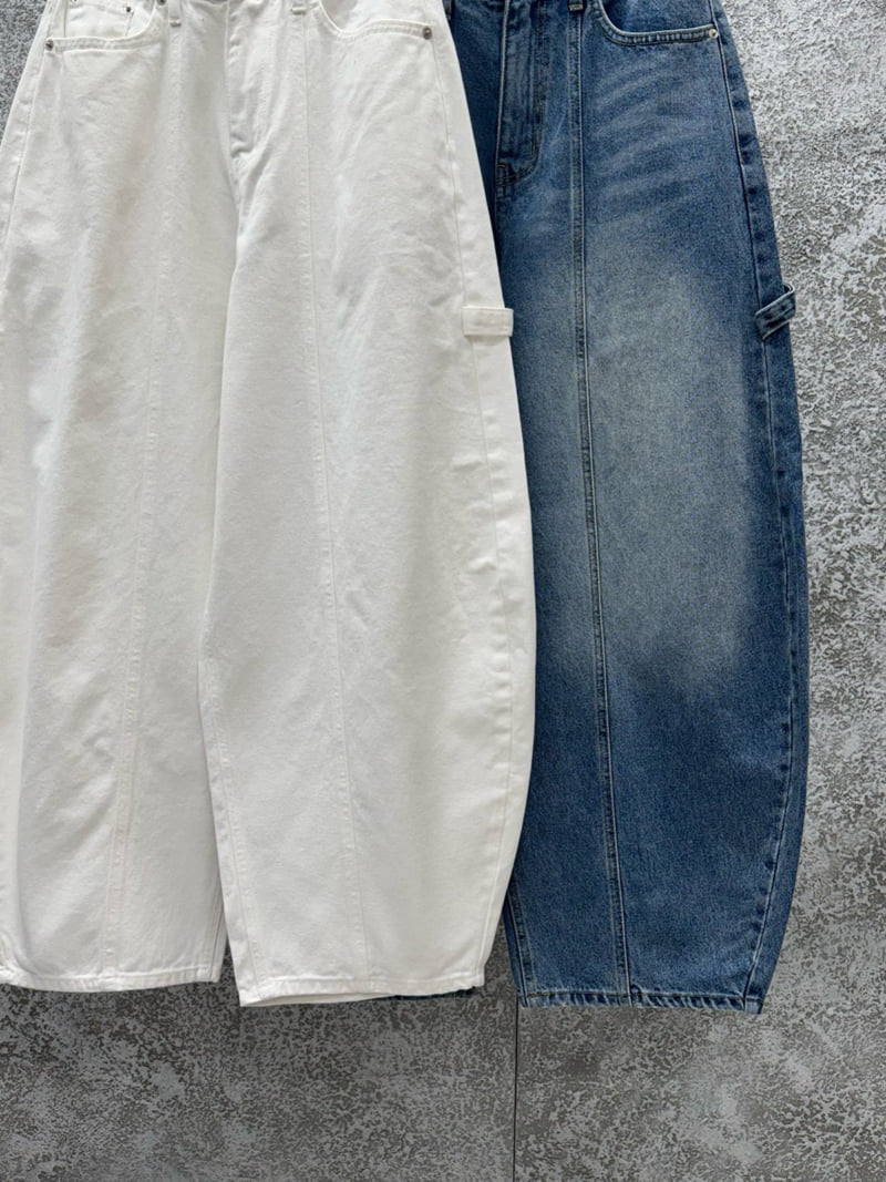 Badcalm - Korean Women Fashion - #momslook - Carpenter Curved Denim Pants - 12